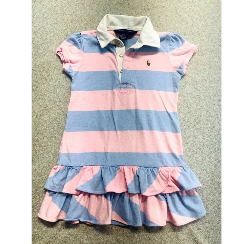 Ralph Lauren Polo Dress Kids 3T Pink Blue Striped Ruffle Hem Short Sleeve Preppy